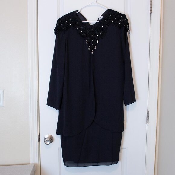 Elegant VTG Patra Dress Black Beaded Pearl Detail Formal Layered 12 Dark Winter - Picture 1 of 10